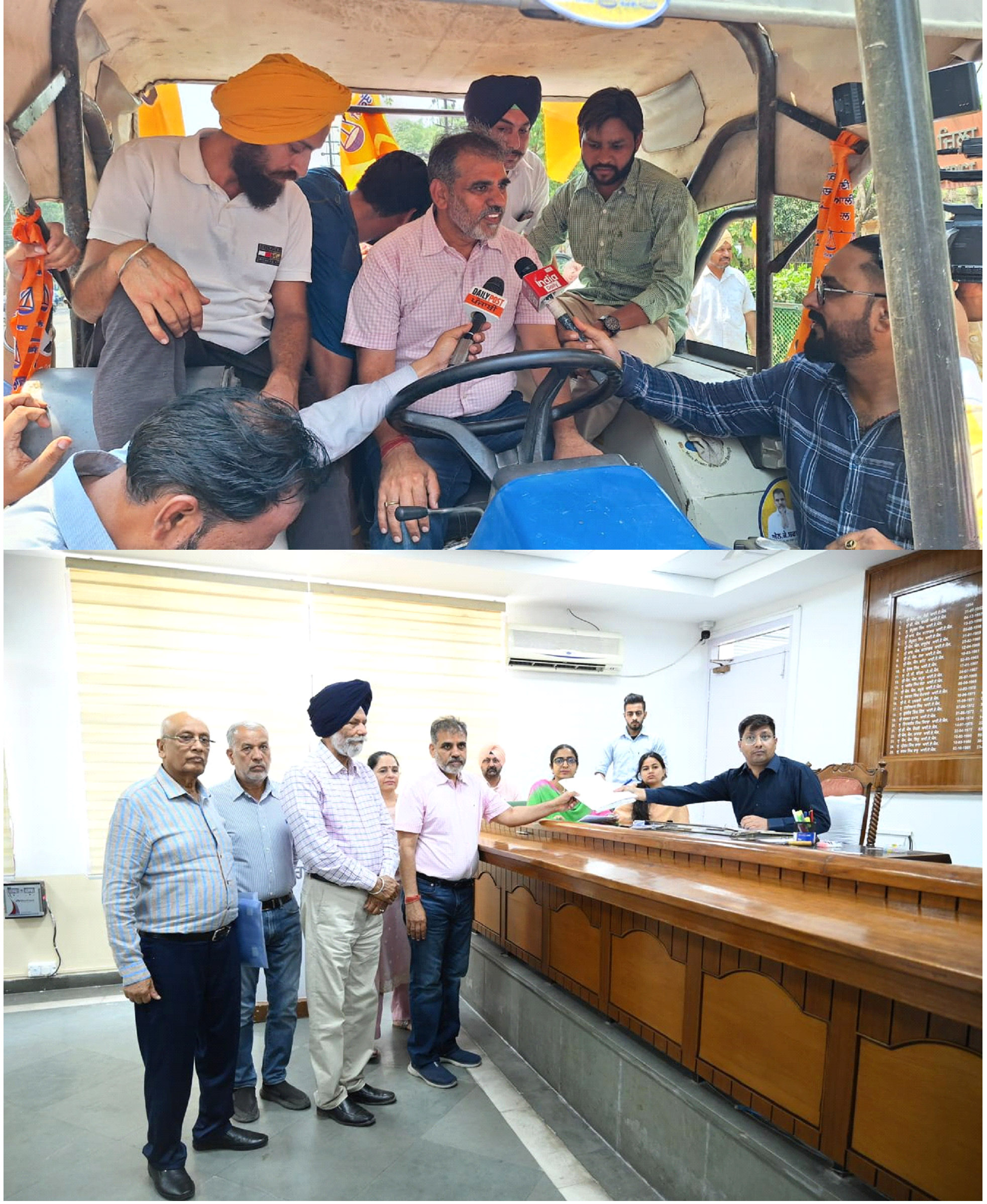 अकाली प्रत्याशी एनके शर्मा ट्रैक्टर पर सवार होकर नामांकन पत्र भरने पहुंचे